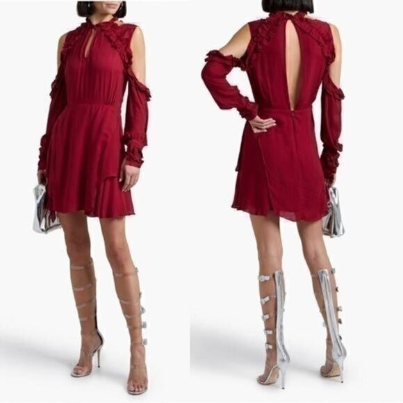 IRO Dress Hanie Red Wine Burgundy Cold Shoulder Ruffle Festival‎ Event NWT $400 - Picture 2 of 15